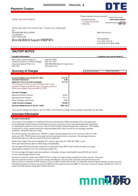 USA Michigan DTE Energy rachunek za usługi komunalne szablon w formacie Word i PDF